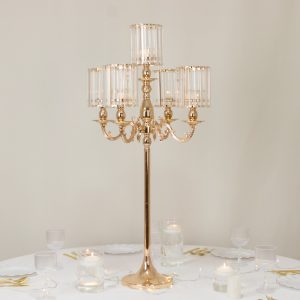 5-Arm Gold Metal Candelabra with Crystal Pendant Glass Shades – 40" Tall Candle Holder for Pillar, LED, and Flameless Candles